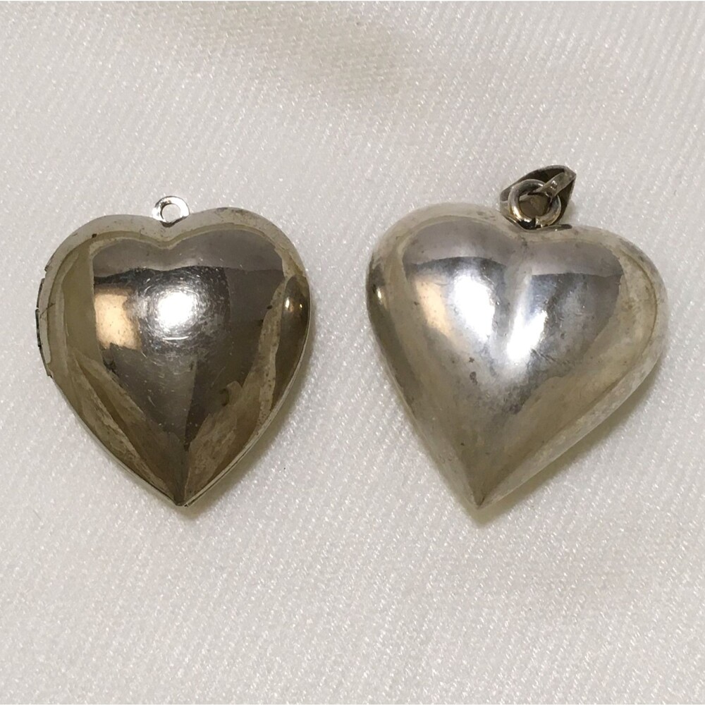 Vintage Puffy Heart Pendant Necklace Silver Tone Sound Music Box Locket 2 pcs